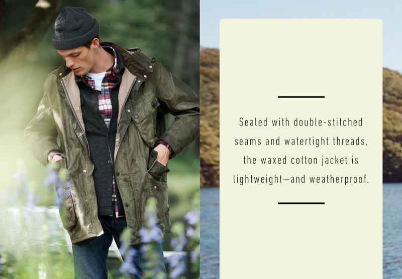 Layering for fall, Rocky Harwood wears a Barbour overshirt, check shirt, and Barbour x Engineered Garments wax jacket. He also sports Citizens of Humanity jeans and a Filson beanie.