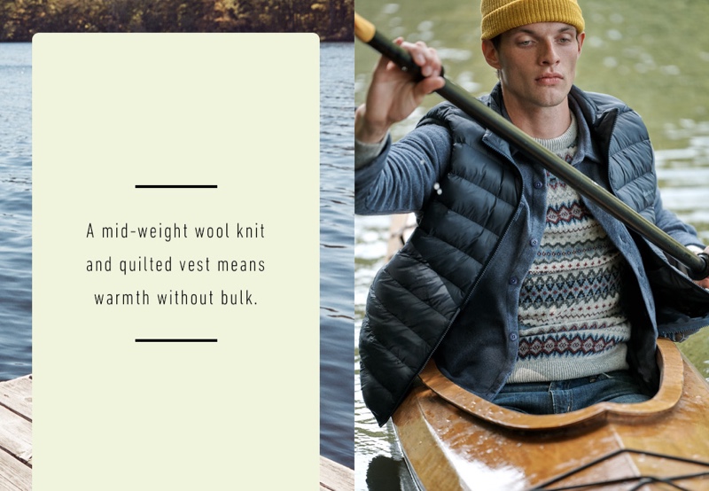 Rocky Harwood sports a yellow RVCA beanie and Citizens of Humanity jeans with a fairisle sweater, overshirt, and gilet vest by Barbour.