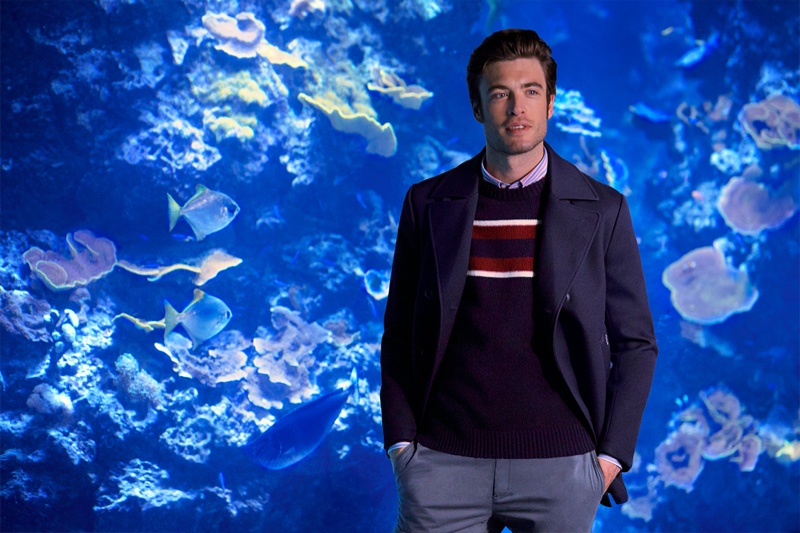 Model Gaspard Menier takes to an aquarium for Façonnable's fall-winter 2019 campaign.