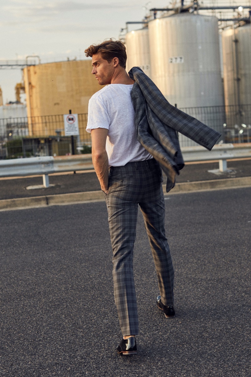 Broed wears checked gray suit Jack London and tee Venroy.