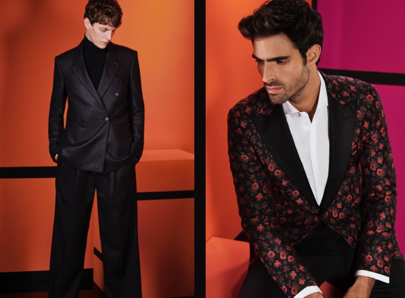 Pictured left, Tim Schuhmacher cleans up in a relaxed tailored suit by Bottega Veneta. Meanwhile, Juan Betancourt sports an ornate look by ISAIA.