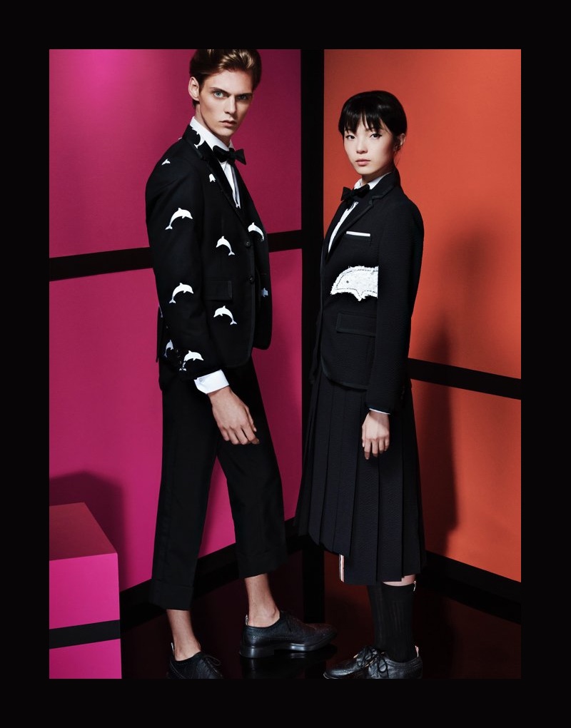 Mats Van Snippenberg and Xiao Wen Ju charm in Thom Browne for Holt Renfrew.