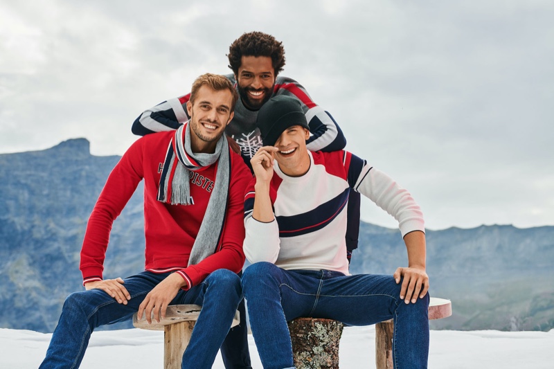 Sporting winter styles, Federico Cola, Thiago Santos, and Gonçalo Pinto star in Jules' Christmas 2019 campaign.