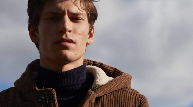 The Great Escape: Justin Eric Martin Dons Latest from Mango Sporting a brown corduroy duffle coat, Justin Eric Martin connects with Mango for its latest outing.