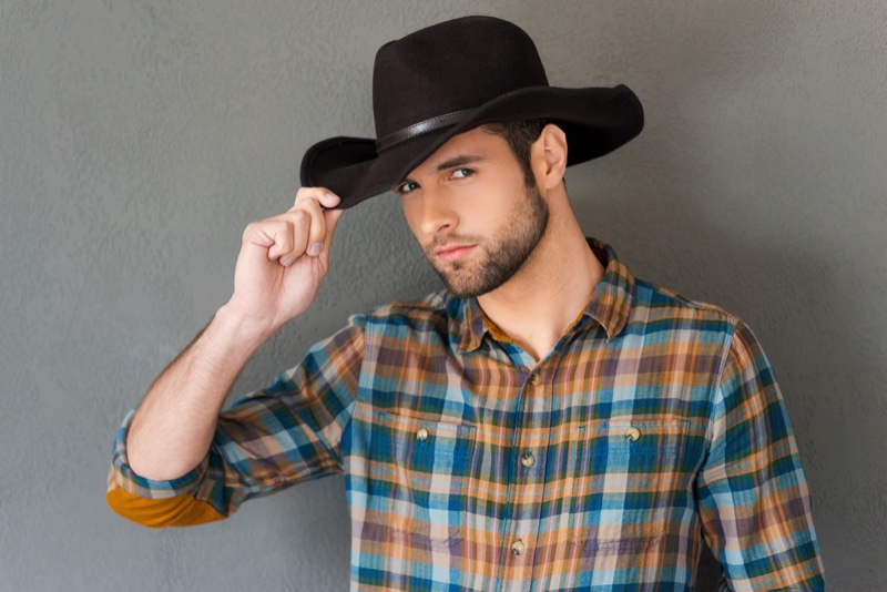 Male Model Plaid Shirt Cowboy Hat