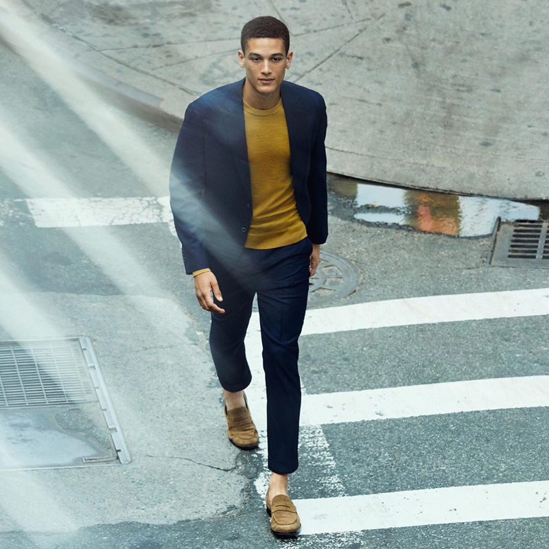 Marco Pickett dons a sleek suiting look from Banana Republic.