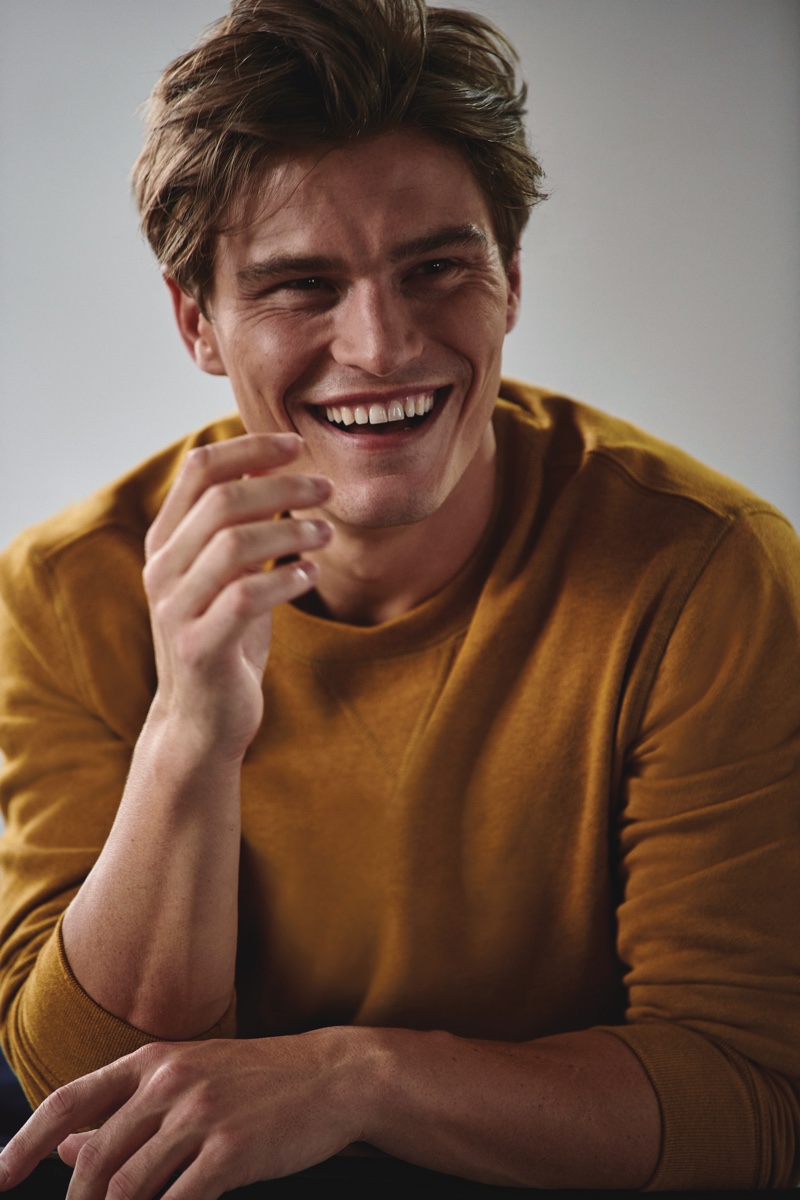 All smiles, Oliver Cheshire wears a sweatshirt from Marks & Spencer. » Alexandre, Joshua & Oliver Model Marks & Spencer Fall '19 Collection All smiles, Oliver Cheshire wears a sweatshirt from Marks & Spencer.