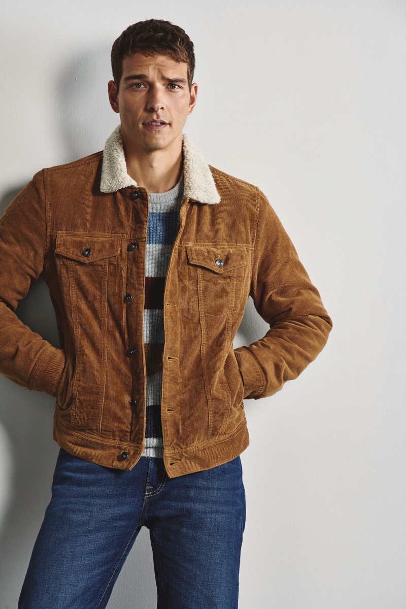 Brazilian model Alexandre Cunha wears a corduroy trucker jacket from Marks & Spencer. » Alexandre, Joshua & Oliver Model Marks & Spencer Fall '19 Collection Brazilian model Alexandre Cunha wears a corduroy trucker jacket from Marks & Spencer.