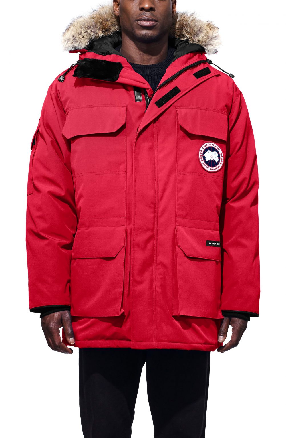 regular fit down coat with red logo label