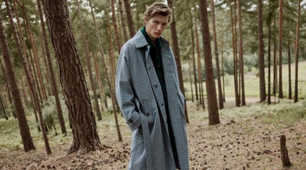 Finnlay Davis Dons Chic Coats & Jackets for Mr Porter Finnlay Davis dons an oversized belted gingham wool-blend coat by Acne Studios.