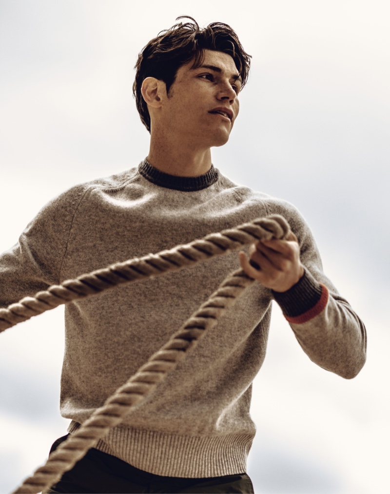 British model Sam Way sports an Orlebar Brown light shadow grey cashmere sweater $595.