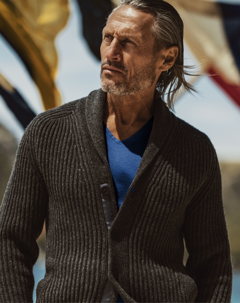 Rob Knighton models a Orlebar Brown charcoal mélange shawl neck cardigan $795.