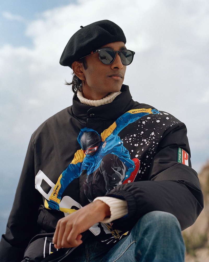 Model Jeenu Mahadevan dresses for the cold in a graphic jacket from POLO Ralph Lauren.