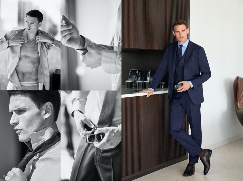 Donning a navy Pedro del Hierro suit, Guy Robinson dresses for the office. 