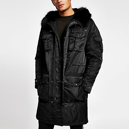 new look longline faux fur hooded jacket in black