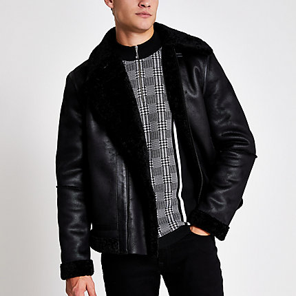River Island Mens Black faux suede shearling aviator jacket | The ...