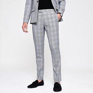 River Island Mens Grey check skinny fit suit trousers River Island Mens Grey check skinny fit suit trousers