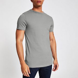 River Island Mens Grey curved hem longline T-shirt River Island Mens Grey curved hem longline T-shirt