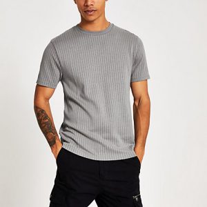 River Island Mens Grey stripe slim fit short sleeve T-shirt River Island Mens Grey stripe slim fit short sleeve T-shirt