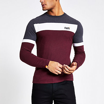 River Island Mens Superdry Dark Red Colour Block T Shirt