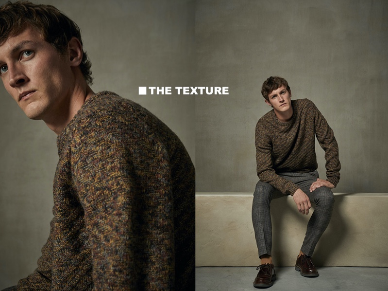 Embracing fall tones, Rutger Schoone dons a textured knit from Sfera.