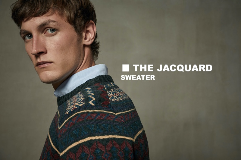 Ready for his close-up, Rutger Schoone sports a Sfera jacquard knit sweater.