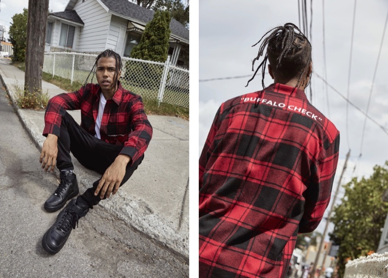 Front and center, model Sadjo Ka rocks a red and black buffalo check shirt from Djab.