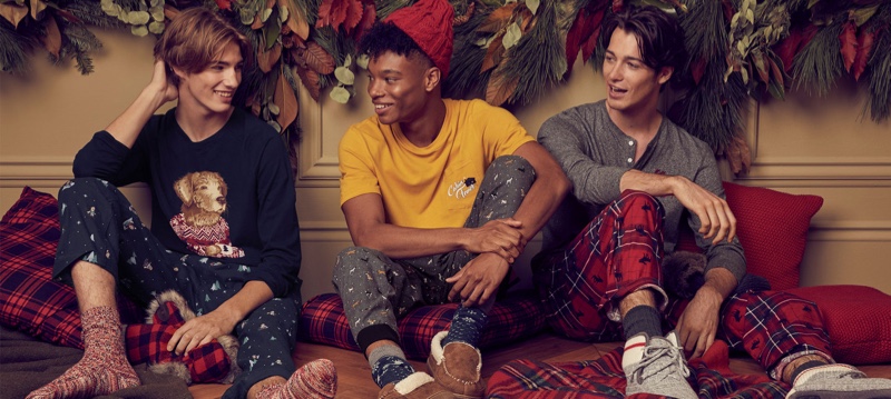 Thomas Todd, Jasiyah (Want Management), and Robbie Beeser model pajamas for Simons' holiday 2019 campaign.