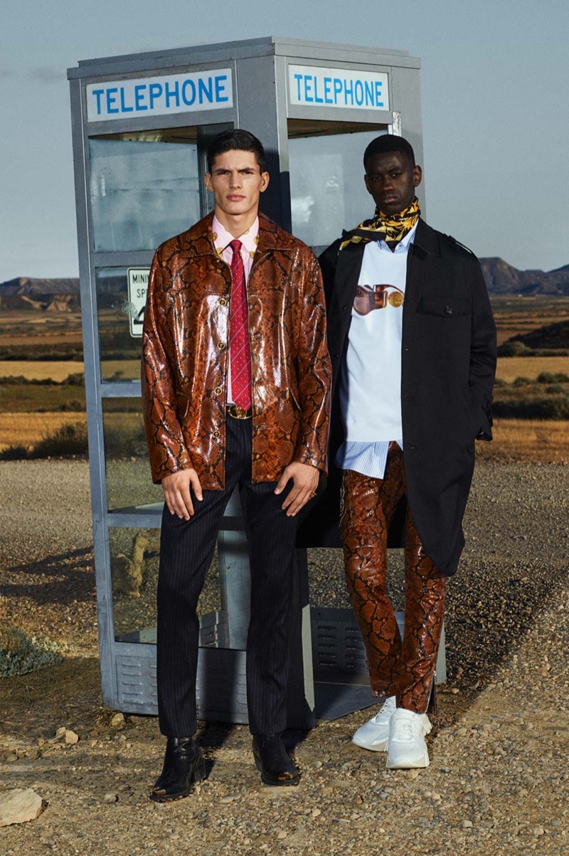 Making a case for reptile prints, Islam Dulatov and Soulemane Tounkara rock leather from Versace's cruise 2020 collection.