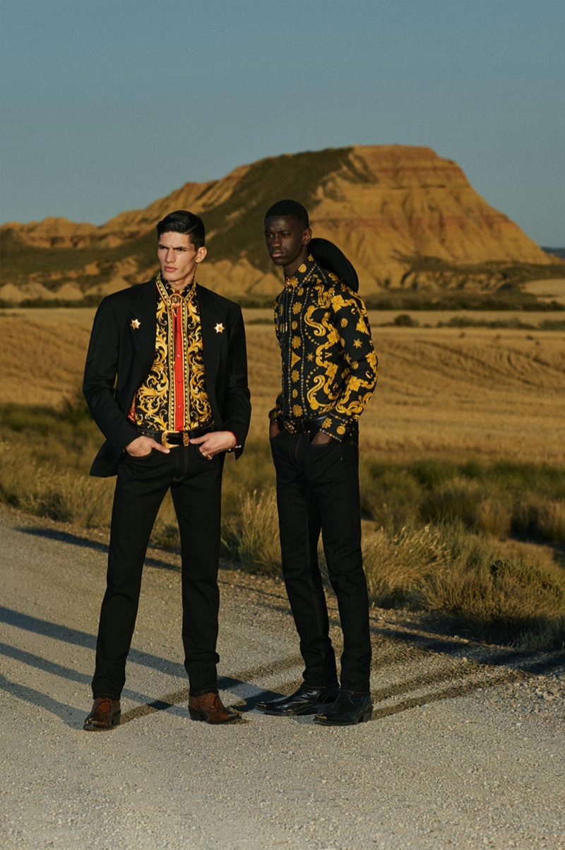 Connecting with Versace for its cruise 2020 collection, models Islam Dulatov and Soulemane Tounkara embrace western-inspired style.