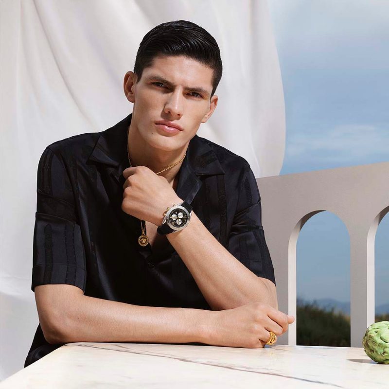 Model Islam Dulatov stars in Versace's 2019 watches campaign.