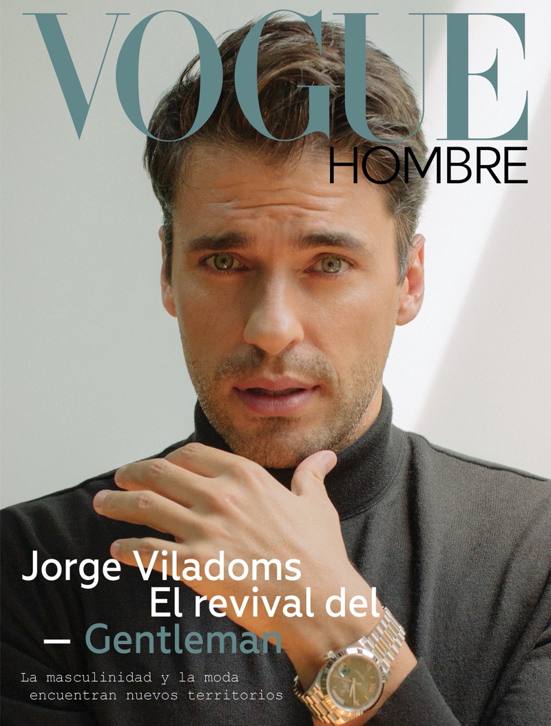 Jorge Viladoms covers Vogue Hombre in a turtleneck sweater by Ermenegildo Zegna with a Rolex watch.