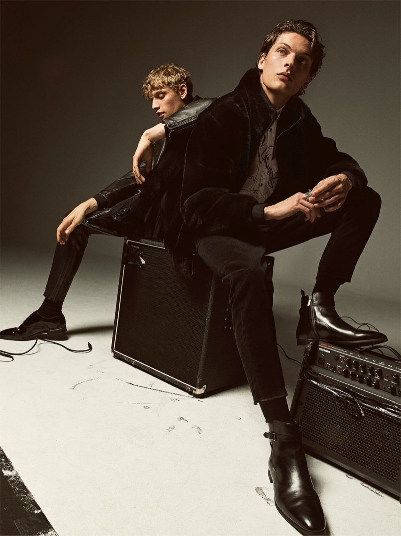 Models Peter Dupont and Valentin Caron wear Zara fashions for a rock-inspired editorial.