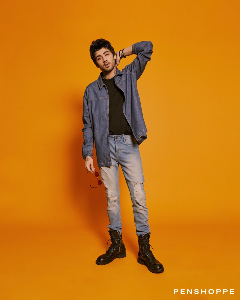 Connecting with Penshoppe, Zayn Malik inspires in a denim overshirt and frayed jeans.