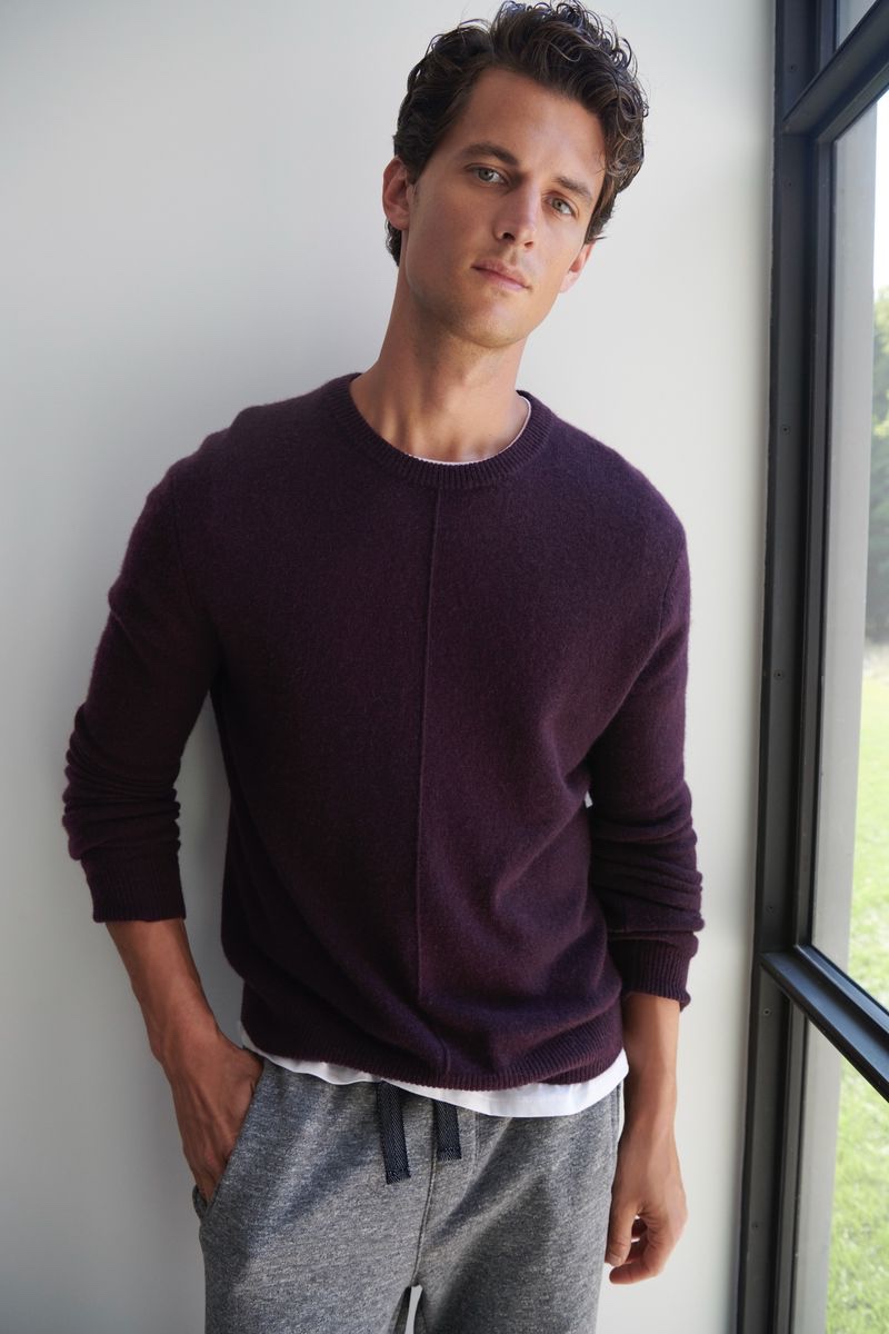 Garrett Neff sports a cashmere exposed seam sweater with joggers from ATM.