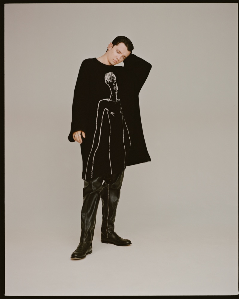 Making a style statement, Asa Butterfield sports a look from Loewe for The Laterals.