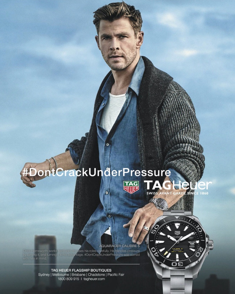 Front and center, Chris Hemsworth appears in a campaign for TAG Heuer.