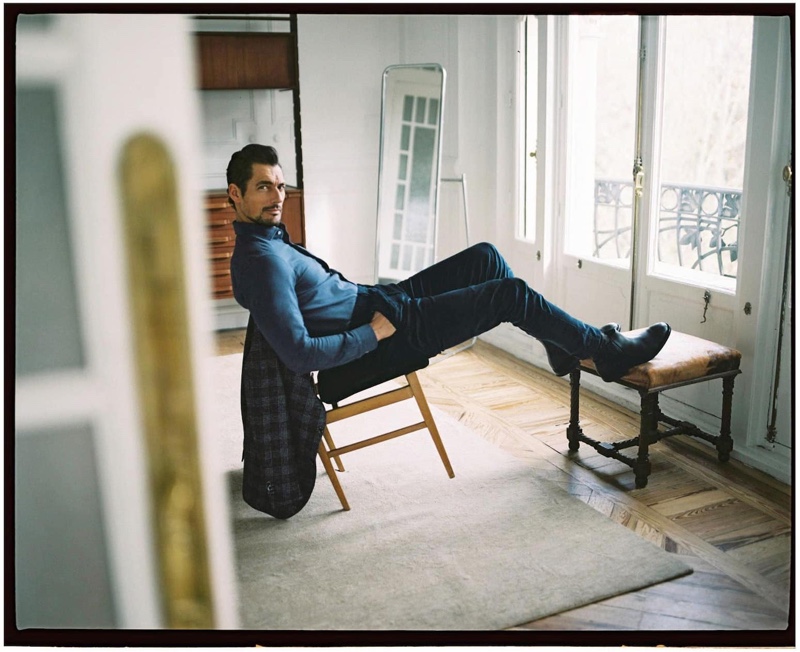 Relaxing indoors, David Gandy dons a smart look from Massimo Dutti.
