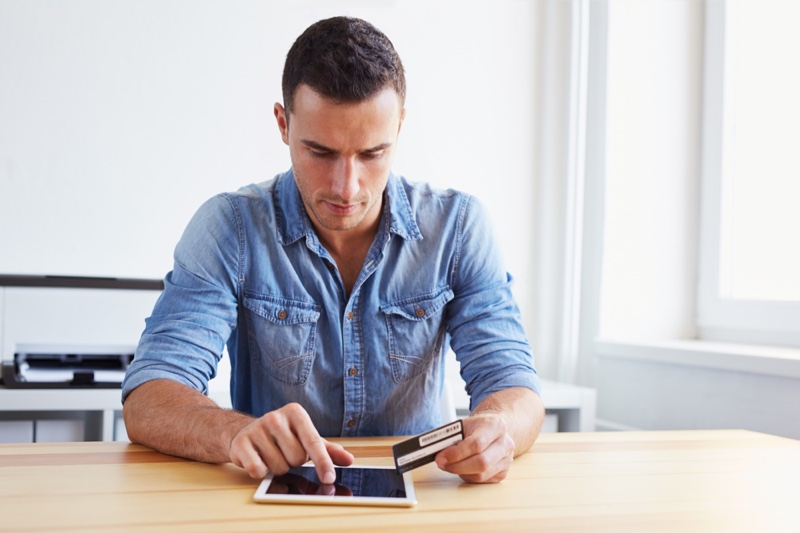 Denim Shirt Man Shopping Online Tablet Card