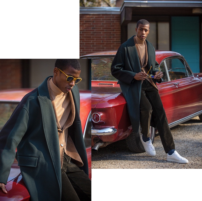 Connecting with East Dane, Magor Meng wears a BOSS corduroy sportcoat with an A.P.C. turtleneck sweater, Maison Kitsune wrap coat, Zespa sneakers, and Persol PO3152S sunglasses.