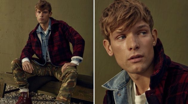 Man of the Woods: Elliott Reeder for Simons Elliott Reeder sports a plush overshirt and camo pants by LE 31.