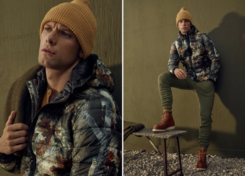 Ready for the outdoors, Elliott Reeder models a LE 31 recycled packable hooded puffer jacket.