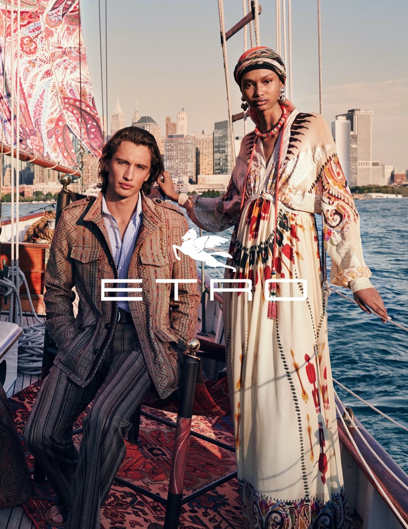 Models James Turlington  and Ugbad Abdi come together for Etro's spring-summer 2020 campaign.