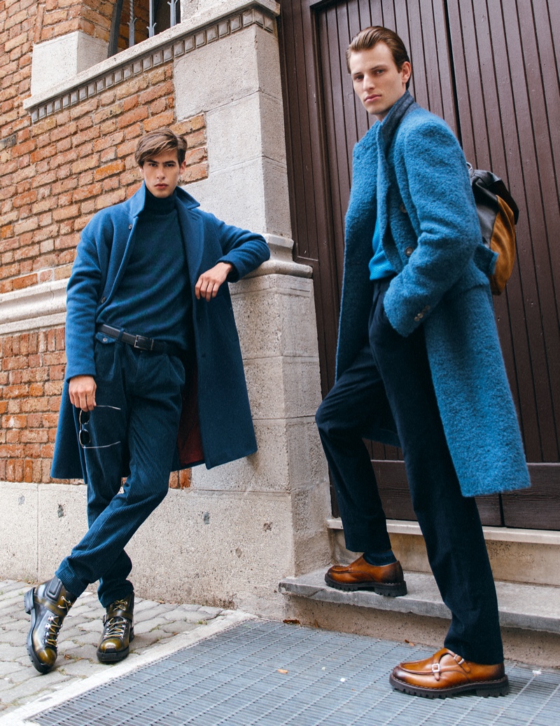 Left to Right: Oyvind wears turtleneck Marina Militare, sweater Cividini, pants Re-Hash, coat Hevo, belt Caporiccio, shoes Santoni, and sunglasses Maui Jim. Thomas wears all clothes Canali 1934, shoes and backpack Eleventy.