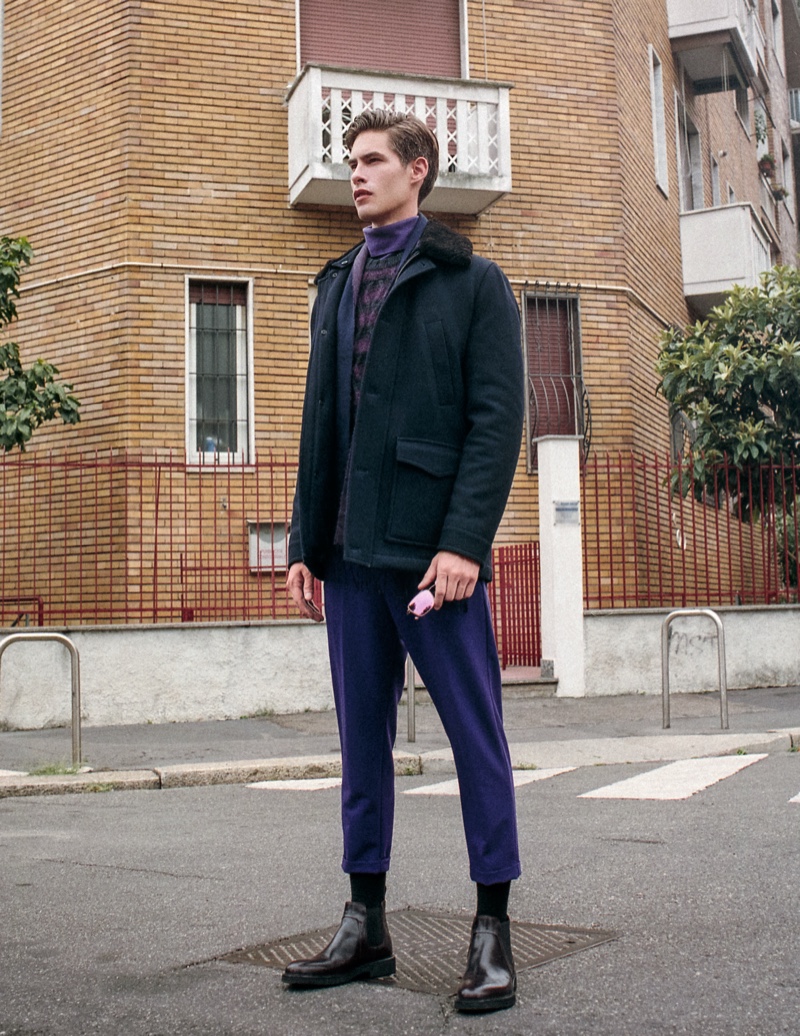 Oyvind wears turtleneck Marsem, sweater Massimo Alba, scarf and shoes Canali 1934, coat Corneliani, pants Marsem, and sunglasses Maui Jim.