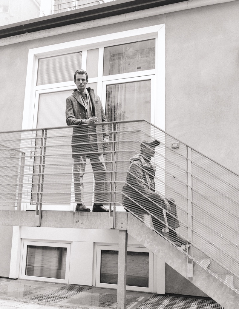 Left to Right: Thomas wears shirt, tie, and pants Canali 1934, sweater Cividini and jacket Daks London. Oyvind wears pants Siviglia, shirt Marsem, sweater and blazer Corneliani, foulard and hat Eleventy, jacket Jacob Cohen, and shoes Canali 1934.