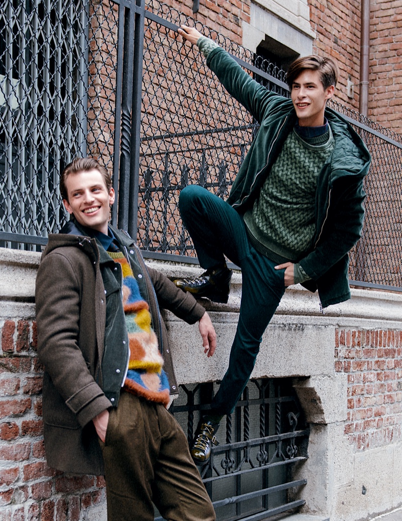 Left to Right: Thomas wears shirt Caporiccio, pants Massimo Alba, tie Canali 1934, sweater Pence 1979, shoes and velvet jacket Eleventy, and overcoat Siviglia. Oyvind wears shirt GANT, pants Re-Hash, dark green sweater Massimo Alba, light green sweater Ballentyne, jacket Massimo Alba, and shoes Eleventy.