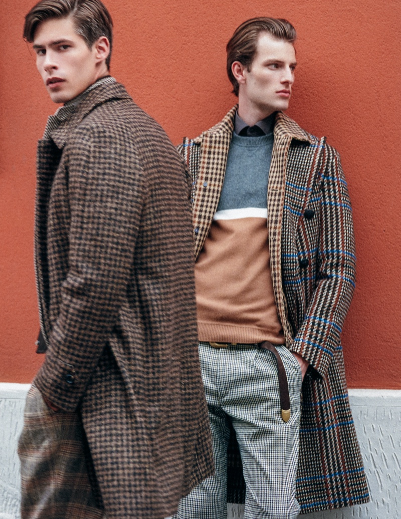 Left to Right: Oyvind wears shirt Caporiccio, sweater and pants Drumohr, jacket and coat Luigi Bianchi. Thomas wears shirt Corneliani, sweater and belt Eleventy, and coat Canali 1934.