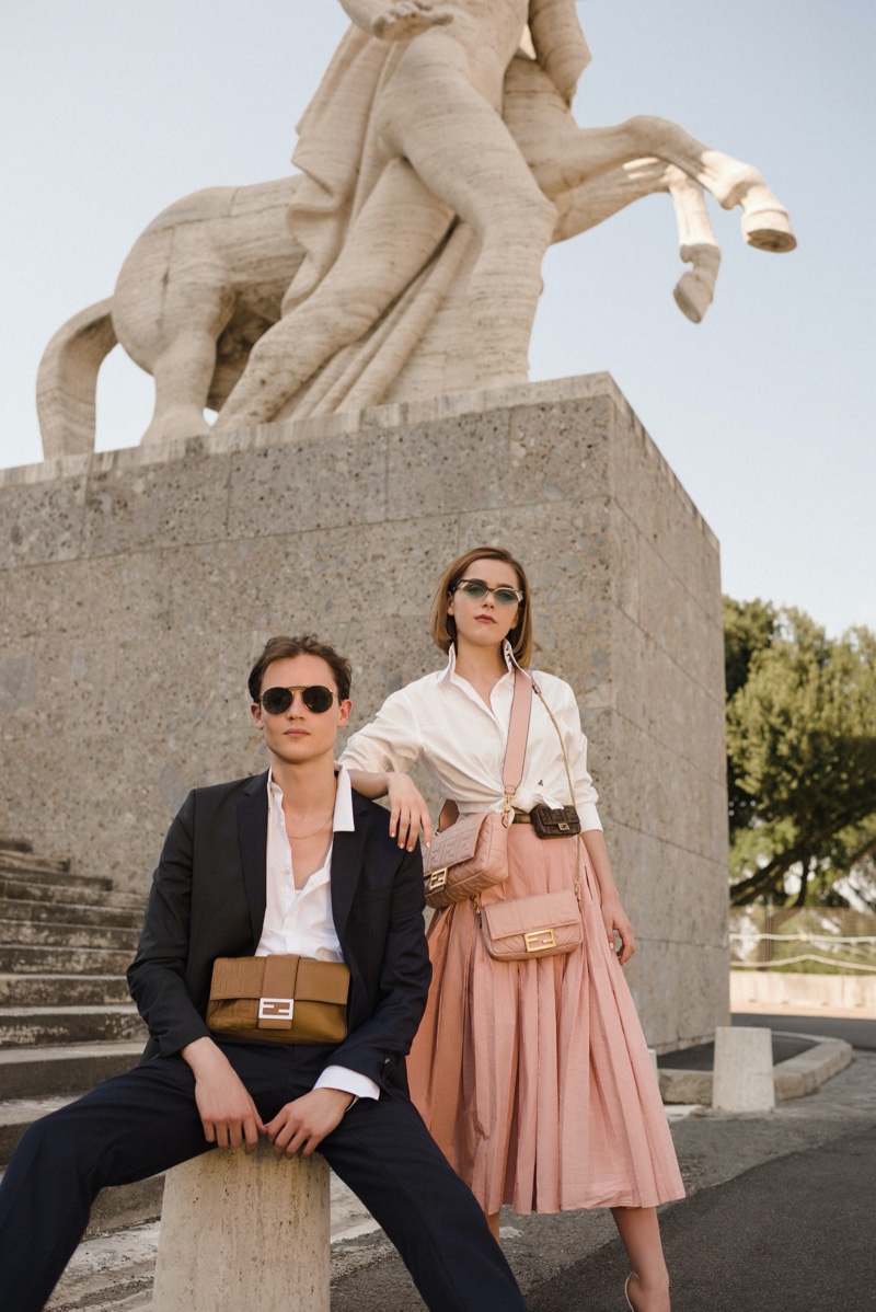 Donning sleek styles, Christian Coppola and Kiernan Shipka appear in Fendi's Baguette Friends Forever campaign.