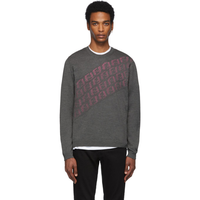 Fendi Grey and Pink Wool Forever Fendi Asymmetric Logo Sweater | The ...